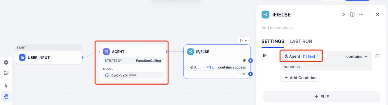Workflow example showing an agent feeding an IF/ELSE node